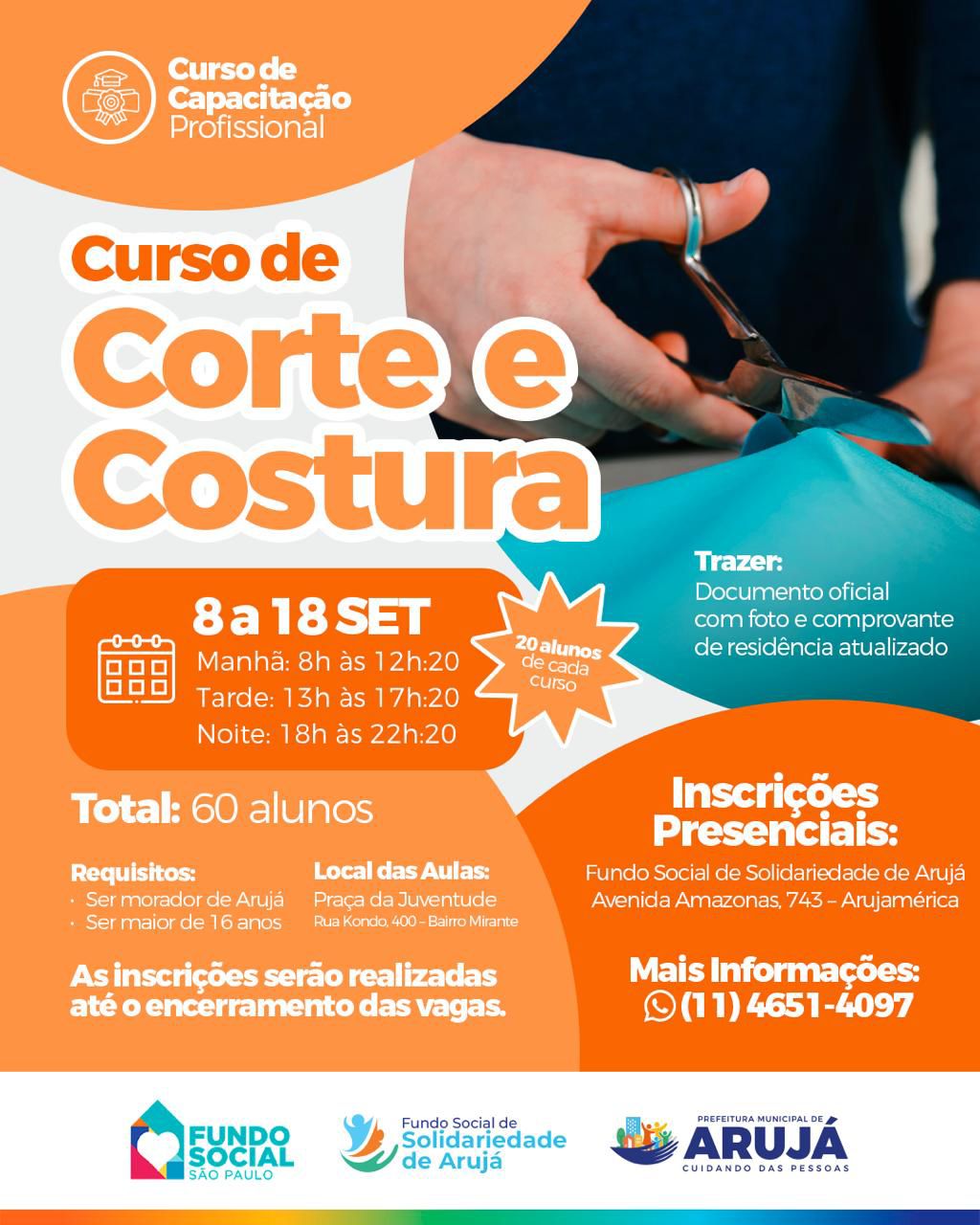 Arujá oferece 60 vagas em curso gratuito de Corte e Costura
