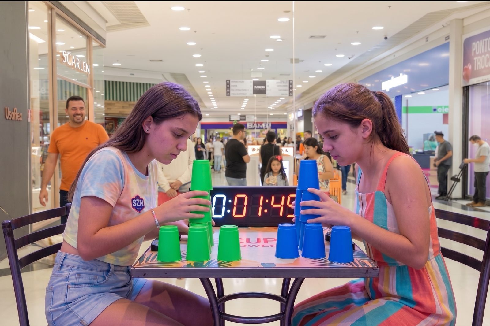 Suzano Shopping promove desafio de empilhar copos neste domingo